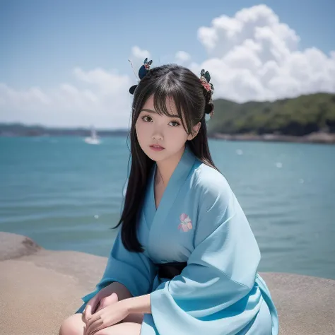best quality, ultra high res, (photorealistic:1.4), <lora:chineseGirlsInWeddingDress_v01:0.7>, 1girl, beach, black_hair, blue_sky, blunt_bangs, blurry, bug, butterfly, chinese_clothes, cloud, cloudy_sky, day, hair_ornament, horizon, (blue japanese_clothes), (blue kimono), long_sleeves, mountain, ocean, outdoors, red_lips, river, shore, sitting, sky, solo, water,
high quality, amazing,beauty,smile, Looking at Viewer,
<lora:virtualgirlRin_v30:0.3>, Rin,