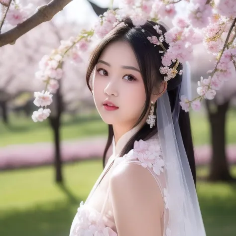best quality, ultra high res, (photorealistic:1.8), 1girl, blue_sky, blurry, blurry_background, blurry_foreground, branch, bridal_veil, bride, cherry_blossoms, chinese_clothes, curtain_grab, curtains, day, depth_of_field, flower, hanami, hanfu, lips, long_hair, outdoors, parted_lips, petals, pink_flower, pink_theme, plum_blossoms, shawl, solo, solo_focus, spring_\(season\), tree, upper_body, veil, wedding, wedding_dress, wisteria,side face,chin down <lora:chineseGirlsInWeddingDress_v01:0.8>