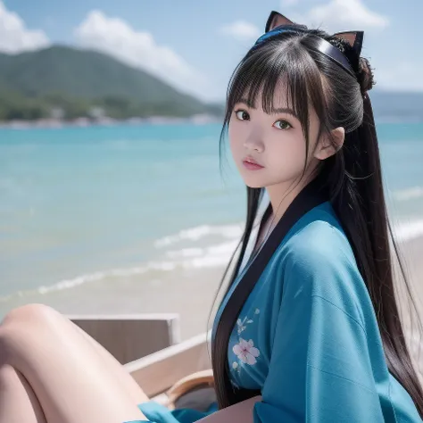 best quality, ultra high res, (photorealistic:1.4), <lora:chineseGirlsInWeddingDress_v01:0.7>, 1girl, beach, black_hair, blue_sky, blunt_bangs, blurry, bug, butterfly, chinese_clothes, cloud, cloudy_sky, day, hair_ornament, horizon, (blue japanese_clothes), (blue kimono), long_sleeves, mountain, ocean, outdoors, red_lips, river, shore, sitting, sky, solo, water,
high quality, amazing,beauty,smile, Looking at Viewer,
<lora:virtualgirlRin_v20:0.3>, Rin,