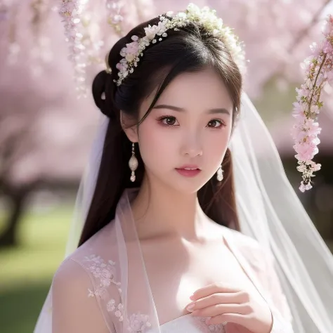 best quality, ultra high res, (photorealistic:1.8), 1girl, blue_sky, blurry, blurry_background, blurry_foreground, branch, bridal_veil, bride, cherry_blossoms, chinese_clothes, curtain_grab, curtains, day, depth_of_field, flower, hanami, hanfu, lips, long_hair, outdoors, parted_lips, petals, pink_flower, pink_theme, plum_blossoms, shawl, solo, solo_focus, spring_\(season\), tree, upper_body, veil, wedding, wedding_dress, wisteria,side face,chin down <lora:chineseGirlsInWeddingDress_v01:0.8>