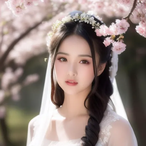 best quality, ultra high res, (photorealistic:1.8), 1girl, blue_sky, blurry, blurry_background, blurry_foreground, branch, bridal_veil, bride, cherry_blossoms, chinese_clothes, curtain_grab, curtains, day, depth_of_field, flower, hanami, hanfu, lips, long_hair, outdoors, parted_lips, petals, pink_flower, pink_theme, plum_blossoms, shawl, solo, solo_focus, spring_\(season\), tree, upper_body, veil, wedding, wedding_dress, wisteria,side face,chin down <lora:chineseGirlsInWeddingDress_v01:0.8>