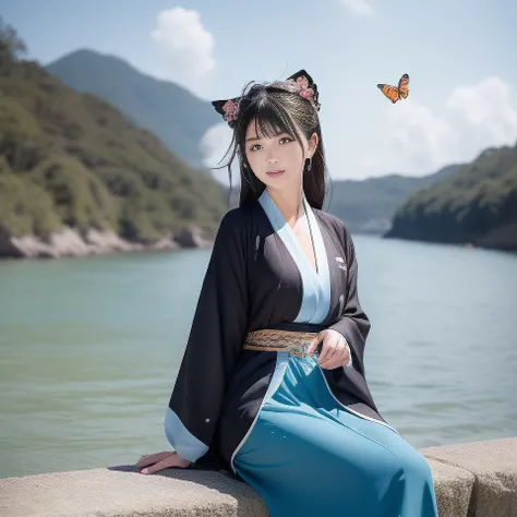 best quality, ultra high res, (photorealistic:1.4), <lora:chineseGirlsInWeddingDress_v01:0.7>, 1girl, beach, black_hair, blue_sky, blunt_bangs, blurry, bug, butterfly, chinese_clothes, cloud, cloudy_sky, day, hair_ornament, horizon, (blue japanese_clothes), (blue kimono), long_sleeves, mountain, ocean, outdoors, red_lips, river, shore, sitting, sky, solo, water,
high quality, amazing,beauty,smile, Looking at Viewer,
<lora:virtualgirlRin_v30:0.3>, Rin,