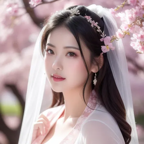 best quality, ultra high res, (photorealistic:1.8), 1girl, blue_sky, blurry, blurry_background, blurry_foreground, branch, bridal_veil, bride, cherry_blossoms, chinese_clothes, curtain_grab, curtains, day, depth_of_field, flower, hanami, hanfu, lips, long_hair, outdoors, parted_lips, petals, pink_flower, pink_theme, plum_blossoms, shawl, solo, solo_focus, spring_\(season\), tree, upper_body, veil, wedding, wedding_dress, wisteria,side face,chin down <lora:chineseGirlsInWeddingDress_v01:0.8>