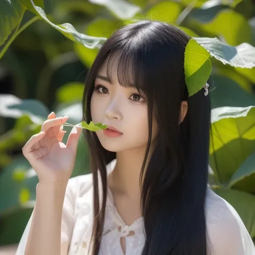 best quality, ultra high res, (photorealistic:1.4), <lora:hakama:0.8>, 1girl, black_hair, branch, closed_eyes, flower, leaf, long_hair, long_sleeves, plant, potted_plant, solo, upper_body, vines