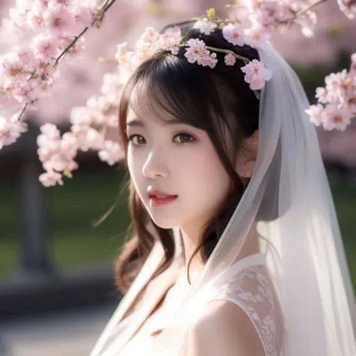 best quality, ultra high res, (photorealistic:1.8), <lora:hakama:0.8>, 1girl, blue_sky, blurry, blurry_background, blurry_foreground, branch, bridal_veil, bride, cherry_blossoms, chinese_clothes, curtain_grab, curtains, day, depth_of_field, flower, hanami, hanfu, lips, long_hair, outdoors, parted_lips, petals, pink_flower, pink_theme, plum_blossoms, shawl, solo, solo_focus, spring_\(season\), tree, upper_body, veil, wedding, wedding_dress, wisteria