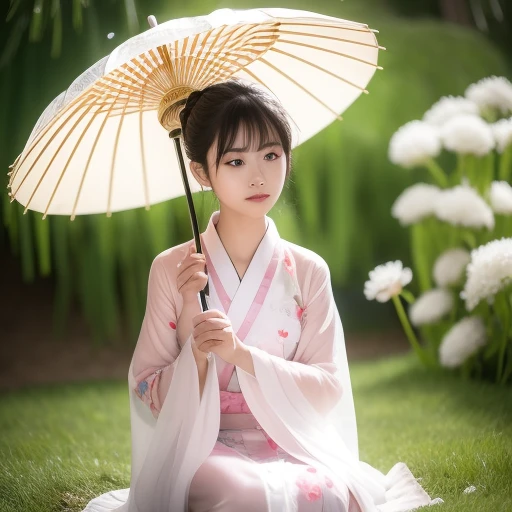 best quality, ultra high res, (photorealistic:1.4), <lora:hakama:0.8>, 1girl, 3d, bamboo, black_hair, blue_umbrella, blur_censor, blurry, blurry_background, blurry_foreground, bokeh, branch, chinese_clothes, chromatic_aberration, closed_eyes, concert, cosplay_photo, dandelion, day, depth_of_field, field, film_grain, focused, foliage, garden, grass, hammock, holding, holding_umbrella, hydrangea, japanese_clothes, jungle, kimono, leaf, lily_pad, lips, long_sleeves, motion_blur, oil-paper_umbrella, on_grass, outdoors, palm_leaf, parasol, photo_\(medium\), photo_background, photo_inset, photorealistic, pink_umbrella, plant, pond, potted_plant, rain, rainbow, reference_inset, sitting, tanabata, tanzaku, umbrella, water_drop, white_ribbon, wide_sleeves, wind_chime, wisteria
