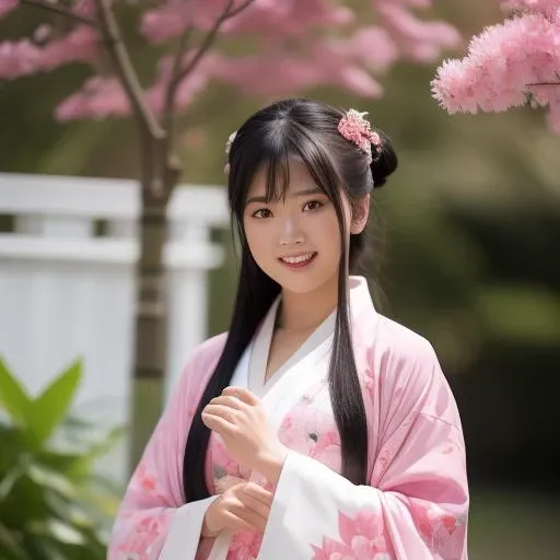 best quality, ultra high res, (photorealistic:1.4), <lora:hakama:0.8>, 1girl, 3d, asian, bamboo, black_hair, blurry, blurry_background, blurry_foreground, branch, brown_eyes, cosplay_photo, day, depth_of_field, garden, grass, japanese_clothes, kimono, leaf, lips, looking_at_viewer, motion_blur, outdoors, photo_\(medium\), photorealistic, pink_kimono, plant, potted_plant, smile, solo, tanabata, tanzaku, tree