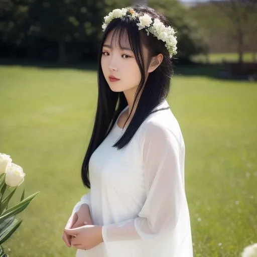 best quality, ultra high res, (photorealistic:1.4), <lora:hakama:0.8>, 1girl, black_hair, blue_sky, blurry, blurry_background, blurry_foreground, bush, closed_eyes, day, depth_of_field, dress, field, flower, flower_field, garden, grass, hair_flower, hair_ornament, lips, long_sleeves, motion_blur, nature, outdoors,  plant, sky, solo, standing, tree, white_dress, wide_sleeves
