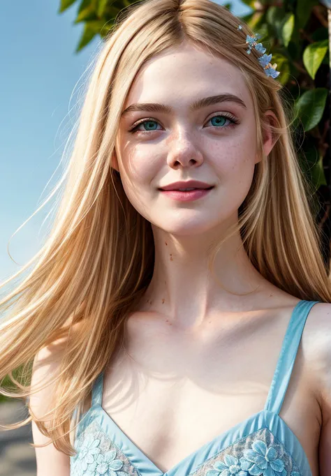 real, photoshoot, realistic, perspective, luminescent, bright colors, illusion, atmospheric scene, masterpiece, best quality, (detailed beautiful face, detail skin texture, ultra-detailed body:1.1),
<lyco:ellefanning_lycor_02-000003:1>, ellefanning-smf, 1girl, solo, blonde hair, realistic, long hair, sky, green eyes, blue sky, flower, portrait, freckles, looking at viewer, smile, lips, day, closed mouth, outdoors