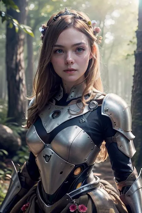 (best quality, photorealistic, masterpiece:1.3), 20 year old girl, cute and adorable, very long hair, (princess dress armor tech:1.3), character focus portrait, solo, (full body:0.6), looking at viewer, detailed background, detailed face, serene expression, cybergirl, wearing colorful sci-fi clothes, calm posture, glowing orbs, nature magic, (style-swirlmagic:0.8), rock, glowing red flowers, violets, rays of light, dense forest in background, ethereal atmosphere, earth tones, highly detailed textures, intricate details, <lyco:ellefanning_lycor_02-000003:1>, ellefanning-smf, <lora:NeoFuturisticTech-20:0.8>, neotech, sleek