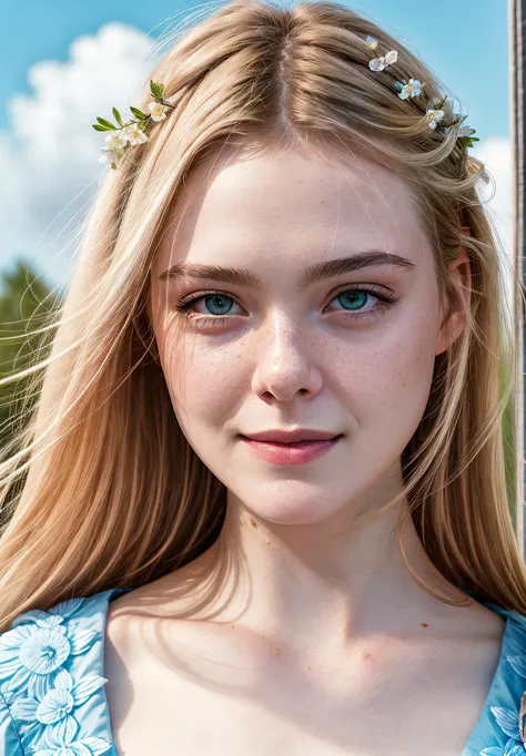 real, photoshoot, realistic, perspective, luminescent, bright colors, illusion, atmospheric scene, masterpiece, best quality, (detailed beautiful face, detail skin texture, ultra-detailed body:1.1),
<lyco:ellefanning_lycor_02-000003:1>, ellefanning-smf, 1girl, solo, blonde hair, realistic, long hair, sky, green eyes, blue sky, flower, portrait, freckles, looking at viewer, smile, lips, day, closed mouth, outdoors