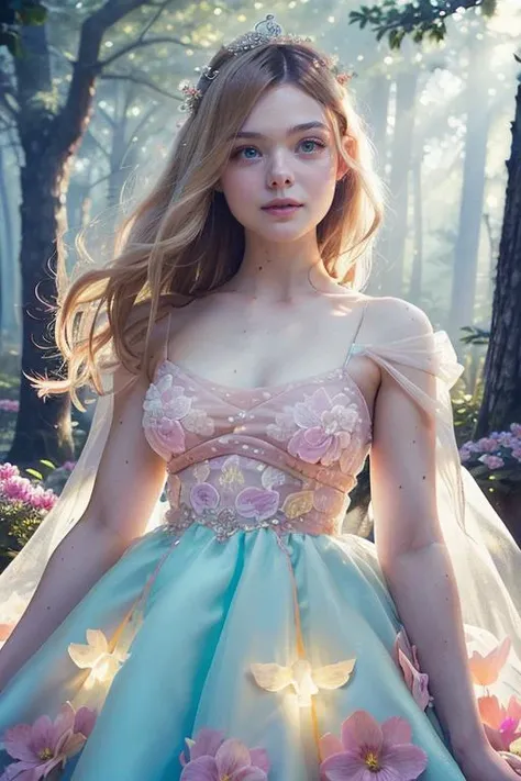 (best quality, photorealistic, masterpiece:1.3), 20 year old girl, cute and adorable, very long hair, (princess dress:1.3), character focus portrait, solo, (full body:0.6), looking at viewer, detailed background, detailed face, serene expression, cybergirl, wearing colorful sci-fi clothes, calm posture, glowing orbs, nature magic, (style-swirlmagic:0.8),  rock, glowing red flowers, violets,   rays of light,  dense forest in background, ethereal  atmosphere, earth tones, highly detailed textures, intricate details,  <lora:KawaiiTech-20:1>, kawaiitech, pastel color, <lyco:ellefanning_lycor_02-000003:1>, ellefanning-smf,