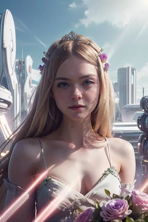 (best quality, photorealistic, masterpiece:1.3), 20 year old girl, cute and adorable, very long hair, blonde hair, (princess dress:1.3), character focus portrait, solo, (full body:0.6), looking at viewer, detailed background, detailed face, serene expression, cybergirl, wearing colorful sci-fi clothes, calm posture, glowing orbs, nature magic, (style-swirlmagic:0.8), rock, glowing red flowers, violets, rays of light, dense cyberpunk city in background, ethereal atmosphere, earth tones, highly detailed textures, intricate details, <lyco:ellefanning_lycor_02-000003:1>, ellefanning-smf, <lora:NeoFuturisticTech-20:0.9>, neotech, sleek