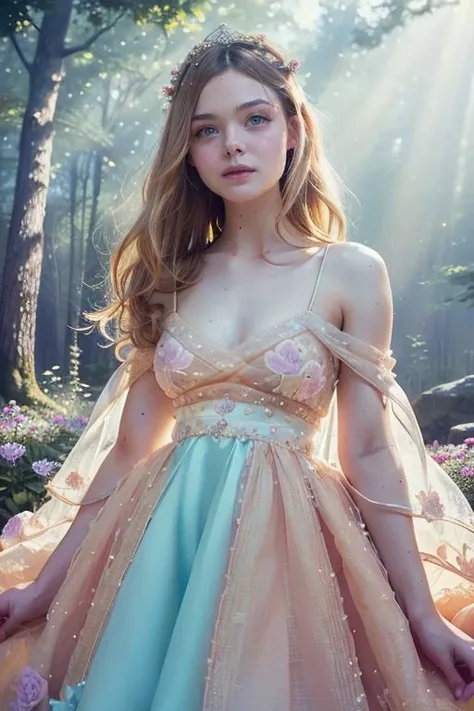 (best quality, photorealistic, masterpiece:1.3), 20 year old girl, cute and adorable, very long hair, (princess dress:1.3), character focus portrait, solo, (full body:0.6), looking at viewer, detailed background, detailed face, serene expression, cybergirl, wearing colorful sci-fi clothes, calm posture, glowing orbs, nature magic, (style-swirlmagic:0.8),  rock, glowing red flowers, violets,   rays of light,  dense forest in background, ethereal  atmosphere, earth tones, highly detailed textures, intricate details,  <lora:KawaiiTech-20:1>, kawaiitech, pastel color, <lyco:ellefanning_lycor_02-000003:1>, ellefanning-smf,