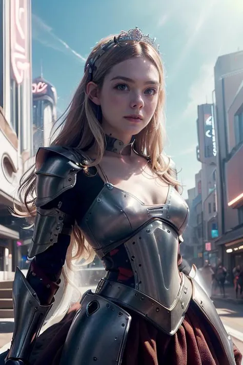 (best quality, photorealistic, masterpiece:1.3), 20 year old girl, cute and adorable, very long hair, (princess dress armor tech:1.3), character focus portrait, solo, (full body:0.6), looking at viewer, detailed background, detailed face, serene expression, cybergirl, wearing colorful sci-fi clothes, calm posture, glowing orbs, nature magic, (style-swirlmagic:0.8), rock, glowing red flowers, violets, rays of light, dense cyberpunk city in background, ethereal atmosphere, earth tones, highly detailed textures, intricate details, <lyco:ellefanning_lycor_02-000003:1>, ellefanning-smf, <lora:NeoFuturisticTech-20:0.8>, neotech, sleek