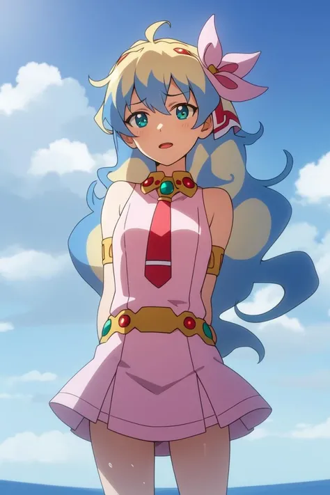 best quality,masterpiece,pokemovies, 1girl, solo, mustard hair, medium hair , pink Vibrating Sleeve , smile,orchid eyes, cowboy shot,minaret , white Open crotch pants , Animal Hair Ornament <lora:pokemovies_v0_4_06wd_dadap:1>