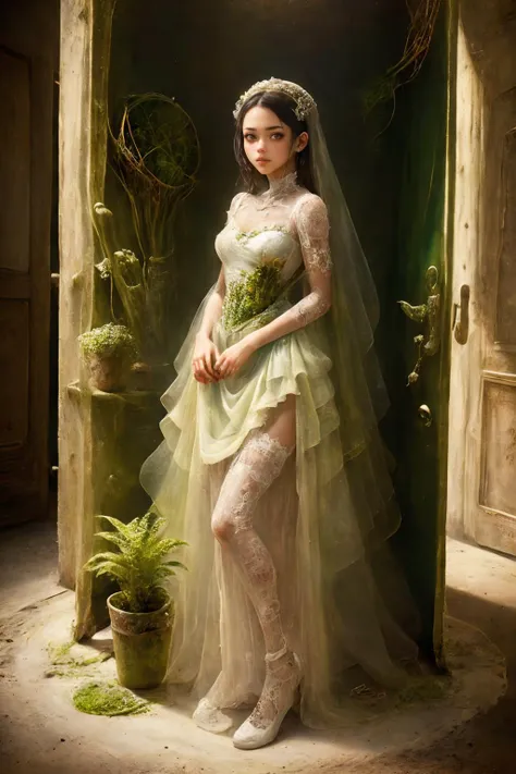 (masterpiece,top quality,best quality,official art,beautiful and aesthetic:1.2), 1girl, <lora:plantcells:1> plantcells dress, post-apocalyptic