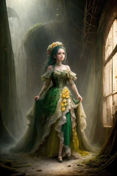 (masterpiece,top quality,best quality,official art,beautiful and aesthetic:1.2), 1girl, <lora:plantcells:1> plantcells dress, post-apocalyptic