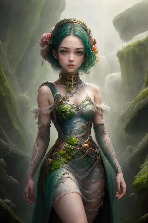 (masterpiece,top quality,best quality,official art,beautiful and aesthetic:1.2), 1girl, <lora:plantcells:1> plantcells dress, post-apocalyptic