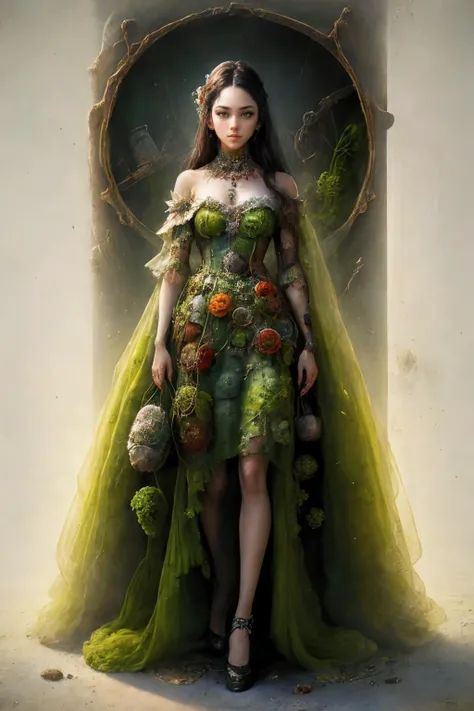 (masterpiece,top quality,best quality,official art,beautiful and aesthetic:1.2), 1girl, <lora:plantcells:1> plantcells dress, post-apocalyptic