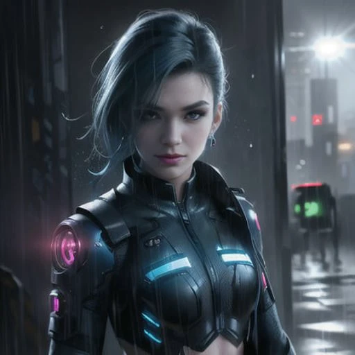 complex ultra detailed award winning photography of a beautiful blue_haired mature woman holding pistol, cyberpunk lighting, rim light, vibrant details, cyberpunk,1girl, cyberpunk_hair, sidecut, earring,tactical cyber catsuit, sidecut, tactical vest, combat gear, tactical gear, covered_navel, gradient, gradient_background, medium_breasts, science_fiction, skin_tight, solo, ((dark make-up, eyeliner, pale)), staring at camera, smirk, arrogant, light smile, dark rainy cyberpunk city background), wet hair, rain effect, oily skin, small cuts in face, wet, rain, detailed pistol,4 fingers, ((heavy rain)),, ,<lora:epiNoiseoffset_v2:0.7>, rim lighting, sharp focus, low key, dim light, <lora:wlopStyleLora_30Epochs:0.6>, wlop,