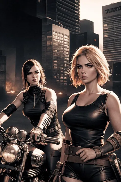 female biker gang. armed and dangerous. mad max art style. cinematic lighting.