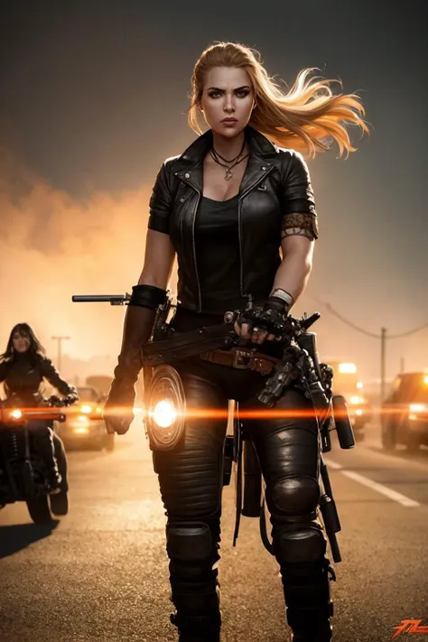 female biker gang. armed and dangerous. mad max art style. cinematic lighting.