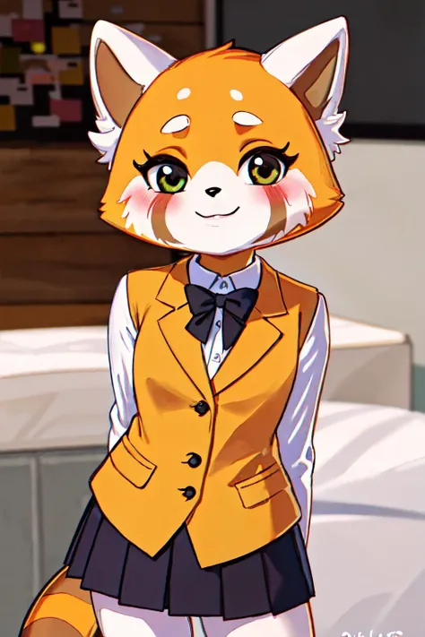 Retsuko, animal ears,body fur,tail,
(best quality, masterpiece, RAW photo,ultra-detailed:1.2), <lyco:GoodHands-beta2:1.0>,1girl,solo,looking at viewer,smile <lyco:Retsuko:1.1> formal, mini skirt,