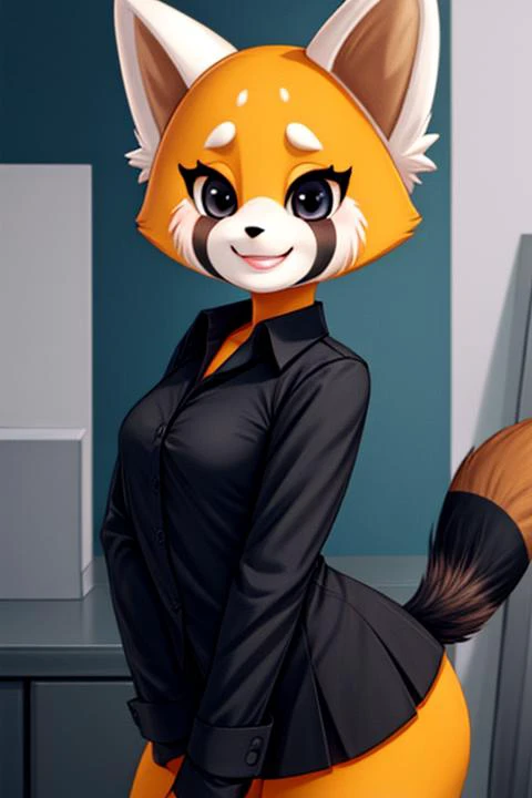 masterpiece, best quality, high resolution, cartoon style, Retsuko <lora:Retsuko:1>, smile, white animal ears, long regal tail, body fur, cowboy shot, black shirt, orange and brown fur, looking at viewer, detailed face, detailed eyes, black eyes, small breasts, office lady uniform, artstation female body, dynamic pose, solo, 1girl, character focus, fox face <lora:add_detail:1.1>