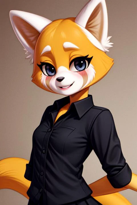 masterpiece, best quality, high resolution, cartoon style, Retsuko <lora:Retsuko:1>, smile, white animal ears, long regal tail, body fur, cowboy shot, black shirt, orange and brown fur, looking at viewer, detailed face, detailed eyes, black eyes, small breasts, office lady uniform, artstation female body, dynamic pose, solo, 1girl, character focus, fox face <lora:add_detail:1.1>