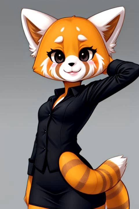 masterpiece, best quality, high resolution, cartoon style, Retsuko <lora:Retsuko:1>, smile, white animal ears, long regal tail, body fur, cowboy shot, black shirt, orange and brown fur, looking at viewer, detailed face, detailed eyes, black eyes, small breasts, office lady uniform, artstation female body, dynamic pose, solo, 1girl, character focus, fox face <lora:add_detail:1.1>