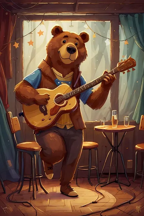 a Bear playing guitar in a club,whimsical,<lora:MODILL_PASTEL_RC_V0.01:0.4>,
