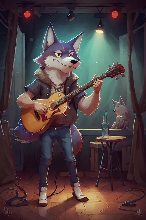 a Wild Wolf playing guitar in a club,whimsical,<lora:MODILL_PASTEL_RC_V0.01:0.4>,