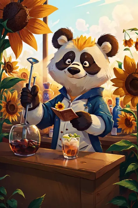 a bartender Tiger behind a counter, Sunflower Field at Daybreak