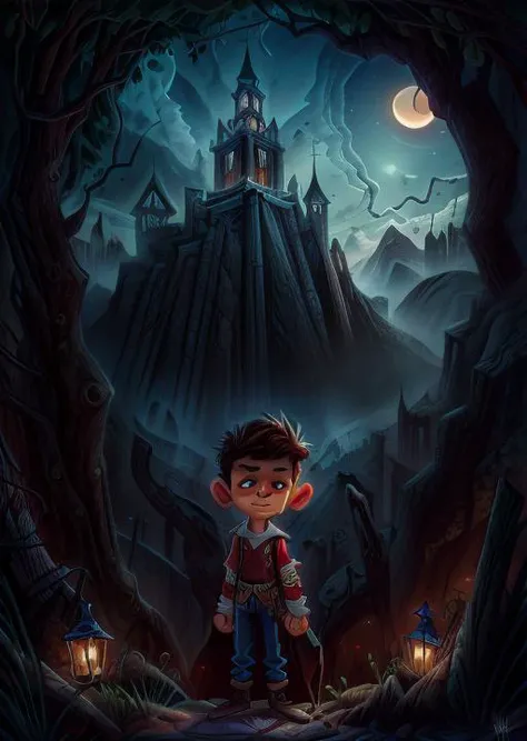 best quality, masterpiece, a Mexican boy in The Dark Citadel landscape at Sunrise