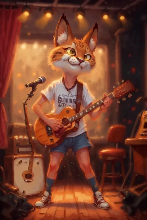 a Bobcat playing guitar in a club, whimsical