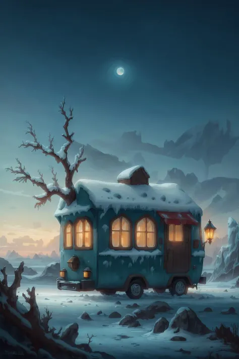 a Trailer in The Frozen Wasteland landscape at Twilight, whimsical
