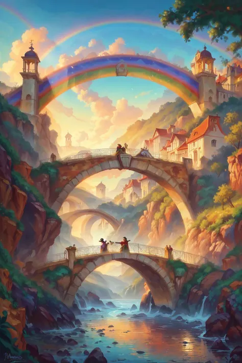 best quality, masterpiece, a Portuguese male in The Rainbow Bridge landscape at Early morning, whimsical