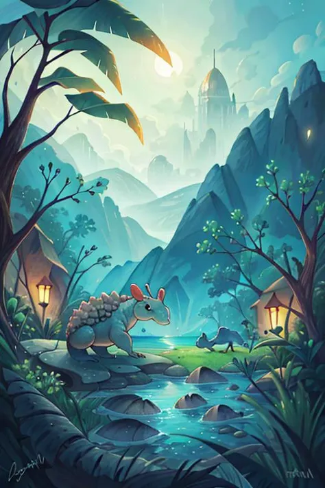 a Armadillo in Lagoon landscape at Early hours, whimsical