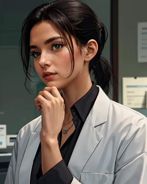 masterpiece, best quality, 8k,  <lora:naomihunter:0.55>, naomihunter, 1girl, black_hair, ponytail, lab_coat, collared_shirt, black_shirt, unbuttoned, id_card, necklace, open_clothes, hand_on_chin, thinking,  looking_at_viewer, indoors, (closeup)