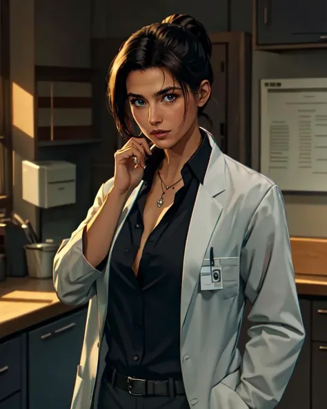 masterpiece, best quality, 8k, <lora:naomihunter:0.6>, naomihunter, 1girl, black_hair, ponytail, lab_coat, collared_shirt, black_shirt, unbuttoned, id_card, necklace, open_clothes, looking_at_viewer, indoors, (upper body)