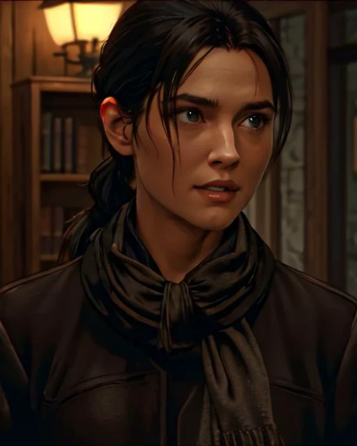masterpiece, best quality, 8k, <lora:naomihunter:0.7>, naomihunter, 1girl, black_hair, ponytail, black_coat, black_scarf, looking_at_viewer, indoors, (upper body)