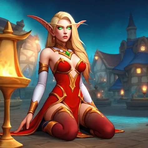 score_9, score_8_up, score_7_up, score_6_up, score_5_up, score_4_up, 1girl, long hair, blonde hair, green eyes, glowing eyes, tan skin, straight ears, petite blood_elf priestess wearing intricate robe with thighhighs, boots, red clothes, white clothes, luxurious attire, gold details, bored, village, tavern, exterior, torch, dim lighting, dirt floor, foggy, starry sky, <lora:WarcraftStyle_v1:0.8> world of warcraft warcraftstyle