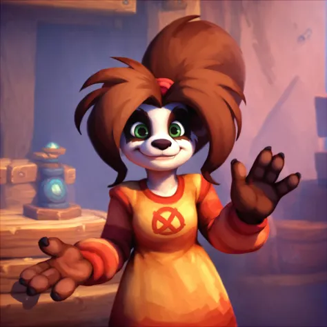 score_9, score_8_up, score_7_up, <lora:WarcraftStyle_v2:0.75> warcraftstyle, world of warcraft, cozy cabin in the woods,li li stormsout, solo, panda girl, pandaren, brown hair, green eyes, portrait, smile, frontal view, waving hand <lora:Li_Li_Stormstout:0.85>