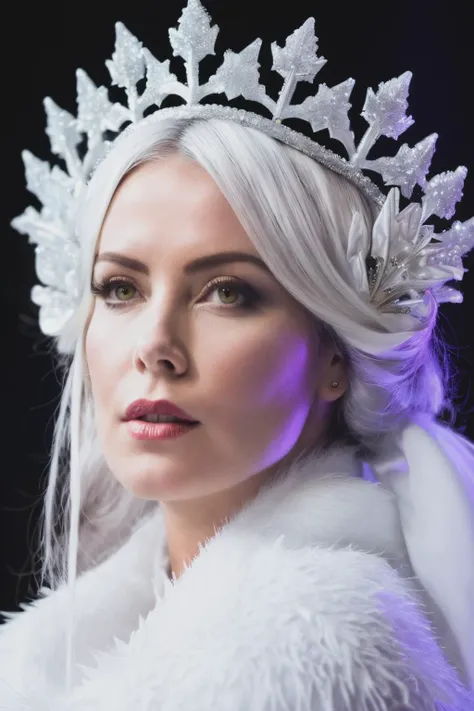 up close photo of ctn dressed as white snow queen, high quality, masterpiece, ,<lyco:CharlizeTheron-RealVision-V1.0:1.0>