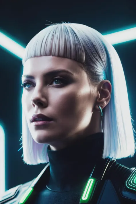 ctn in cyber neon lighting, futurism, intricate futuristic jewelry accessories, cyberpunk glossy white latex turtleneck, hyper photorealistic, crispy quality, digital photography, trending in artstation, trending in pinterest, cinematic, 4 k ultra hd, art by pascal blanche, art by greg rutkowski, <lyco:CharlizeTheron-RealVision-V1.0:1.0>