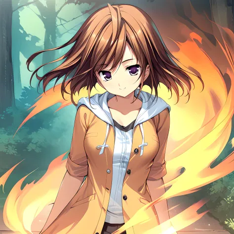 (masterpiece),(best quality),(ultra-detailed),(best illustration),(best shadow),(absurdres),(detailed background), (masterpiece),(best quality),(ultra-detailed),(best illustration),(best shadow),(absurdres),(detailed background),(very aesthetic), mai tokiha, casualoutfit, 1girl, solo, fire, purple eyes, brown hair, hood, short hair, looking at viewer, smile, confident<lora:XL-Mai_Tokihaé´ç¾½_èè¡£_-_Mai-HiMEè-HiME_SDXL_Animagine_XL_3.1V1:1>