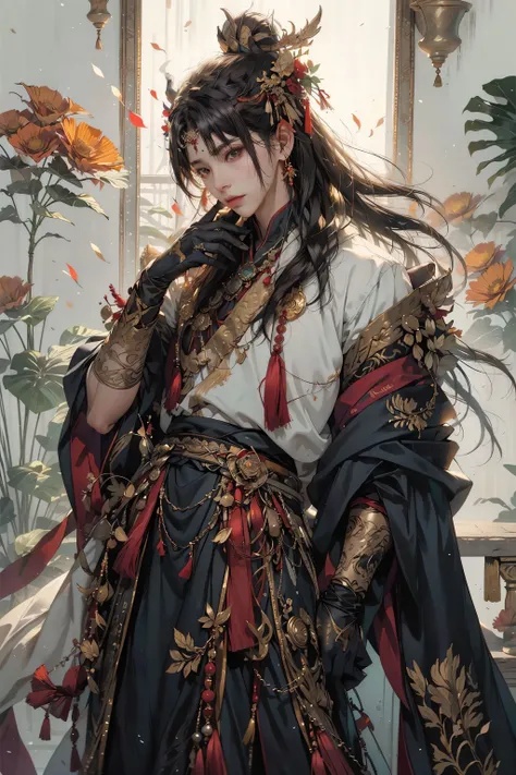 HDR,UHD,8K, best quality, masterpiece, Highly detailed, Studio lighting, physically-based rendering, 1boy, solo,
1boy, ancient costume, gloves, black hair, long hair, upper body, red color costume, hair ornament, the ornament on the shoulder of the shirt, white flowers,
<lora:add_detail:0.3> <lora:AncientCostume:0.7>