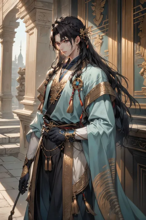 HDR,UHD,8K, best quality, masterpiece, Highly detailed, Studio lighting, physically-based rendering, 1boy, solo,
1boy, ancient costume, gloves, black hair, long hair, upper body, light blue color costume
<lora:add_detail:0.3> <lora:AncientCostume:0.6>