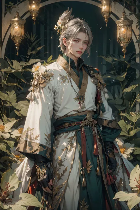 HDR,UHD,8K, best quality, masterpiece, Highly detailed, Studio lighting, physically-based rendering, 1boy, solo,
1boy, ancient costume, gloves, silver hair, short hair, morden hair, upper body, green color costume, hair ornament, the ornament on the shoulder of the shirt, white flowers, manly, muscular male,
<lora:add_detail:0.3> <lora:AncientCostume:0.6>